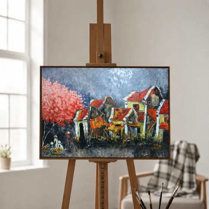 月夜のサイゴンの家々を描いた絵画がベッドの上に飾られている様子