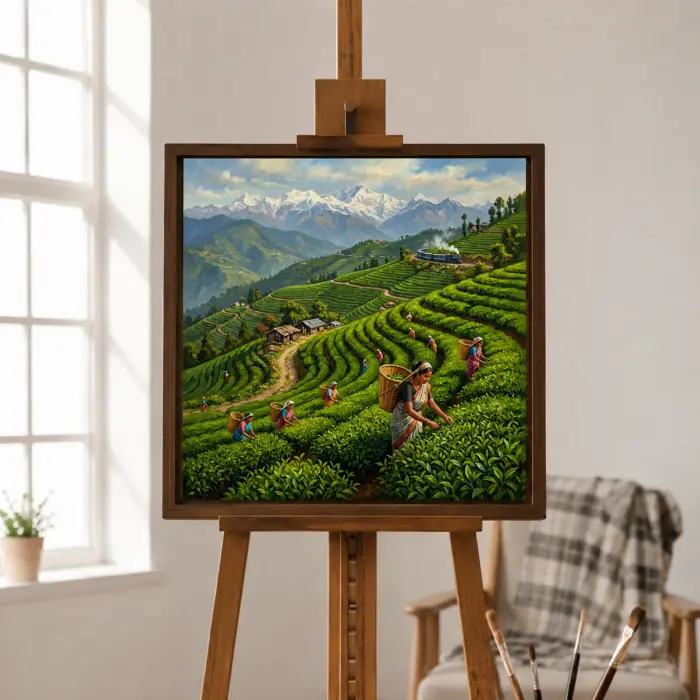 ダージリンの茶園を描いた風景画が木製のコンソールテーブルの上に掛かっている