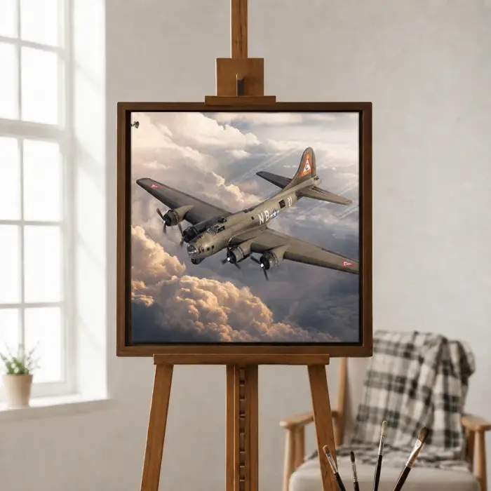 لوحة قاذفة B-17 معروضة على حامل مقابل جدار أبيض