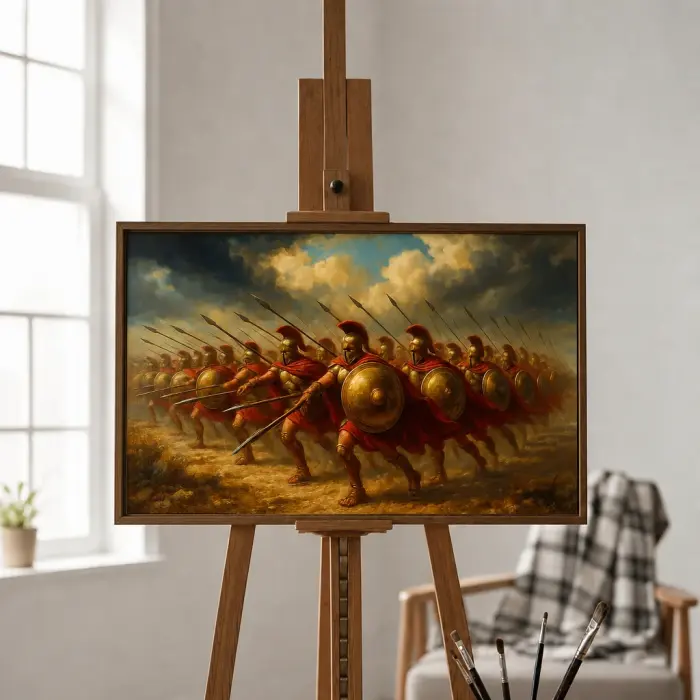 戦闘中のスパルタ戦士を描いた額装絵画が、壁に掛けられてイーゼルに展示されている様子