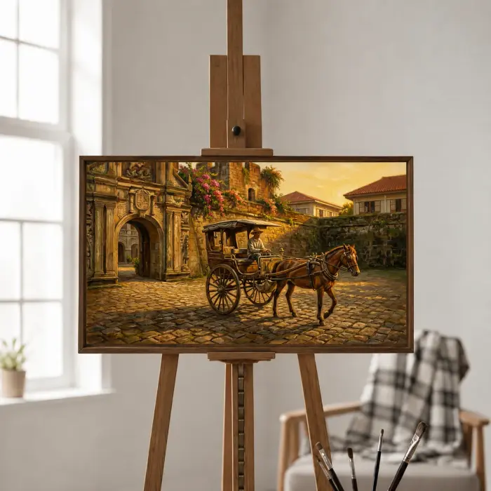 玄関に掛けられた、黄金時間の馬車を描いた額装画