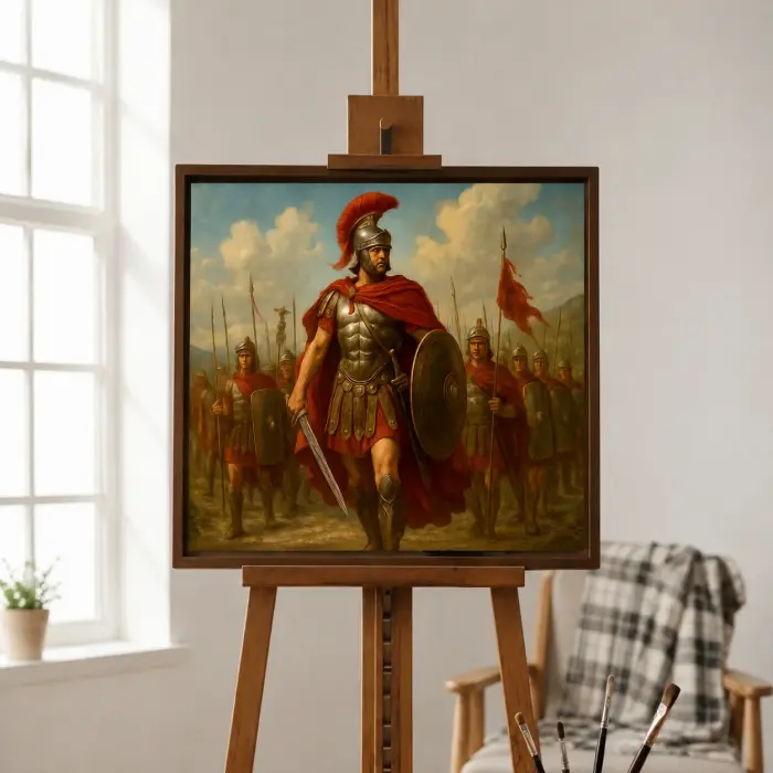 マルスがローマ軍を率いる絵画が壁に飾られた様子