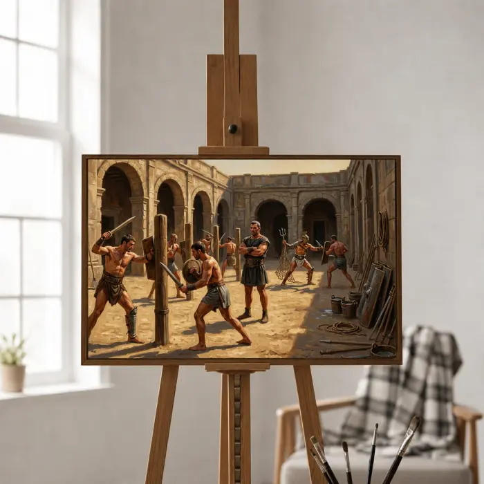 벽에 걸린 로마 검투사 훈련 그림 액자