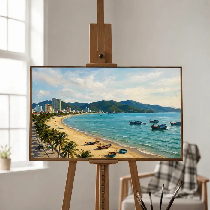 海岸風リビングのソファの上に掛けられたニャチャンビーチの額装絵画