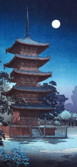 달빛에 비추어진 일본의 탑