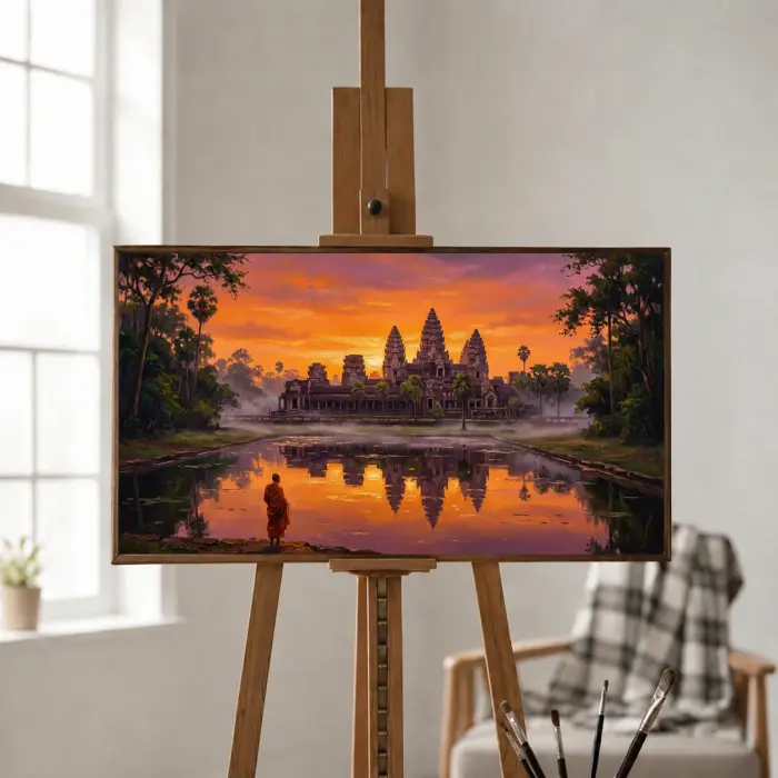 アンコールワットの日の出の絵画がリビングの壁に飾られている様子
