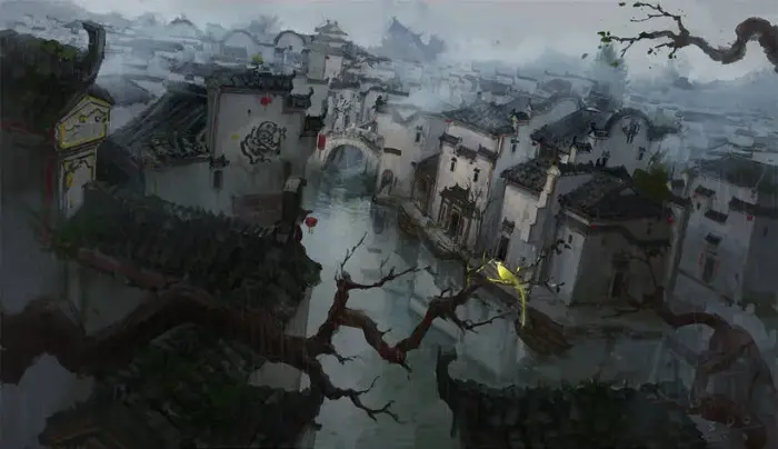霧の中の中国の水の町
