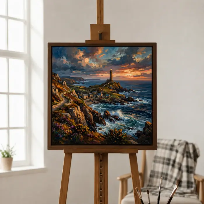 لوحة مؤطرة لمنارة على جرف عند غروب الشمس معروضة في غرفة معيشة