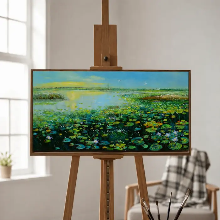 ソファの上に掛けられた、広大な蓮の湖を描いた絵画