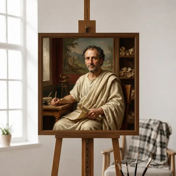 Framed portrait of Horace writing at his desk hanging in a home library