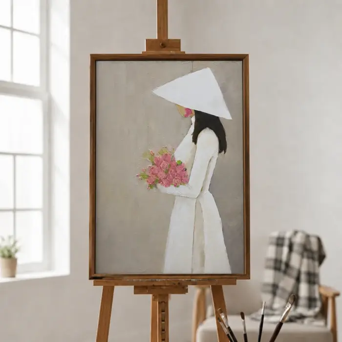 Framed painting of a Vietnamese lady in white ao dai hanging on a wall.