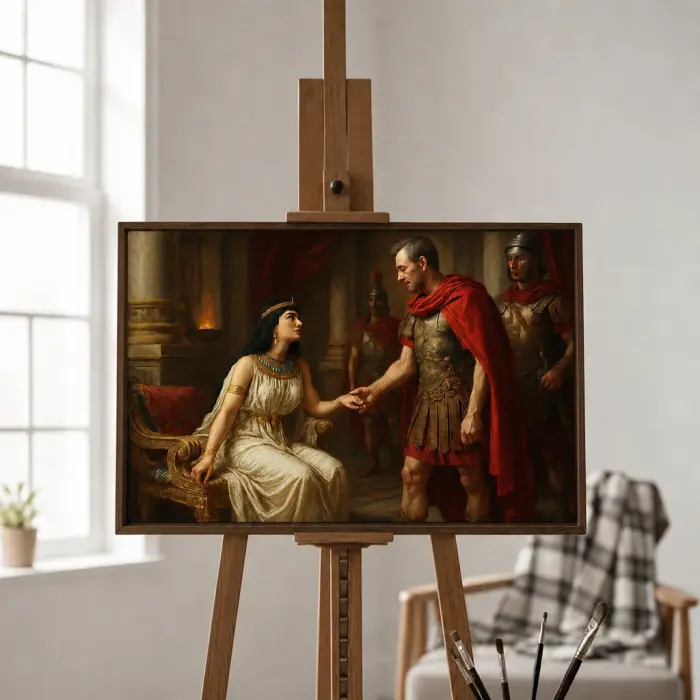 Framed painting of Cleopatra and Julius Caesar hanging on a study wall.