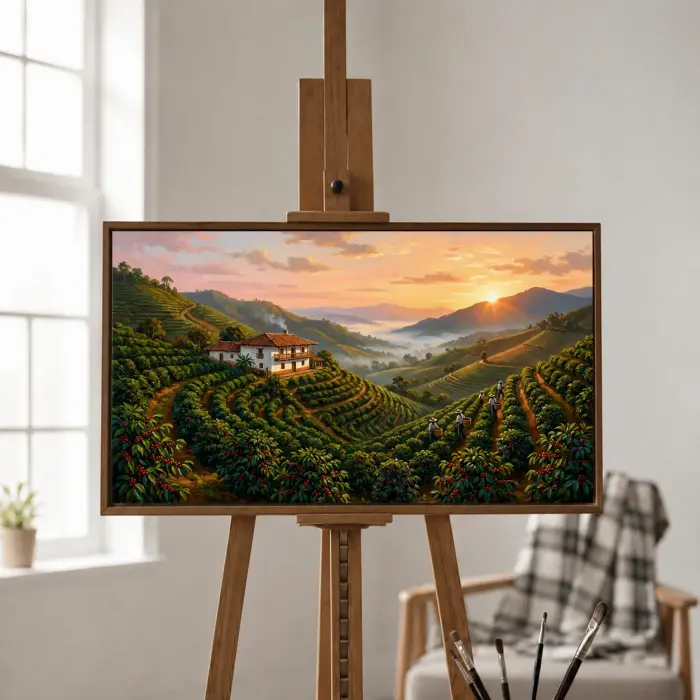 ダイニングルームの壁にかかるコロンビアのコーヒー農園の絵画（額装）