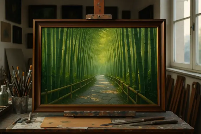 Quadro incorniciato di un sentiero nel bosco di bambù a Kyoto appeso sopra un divano.