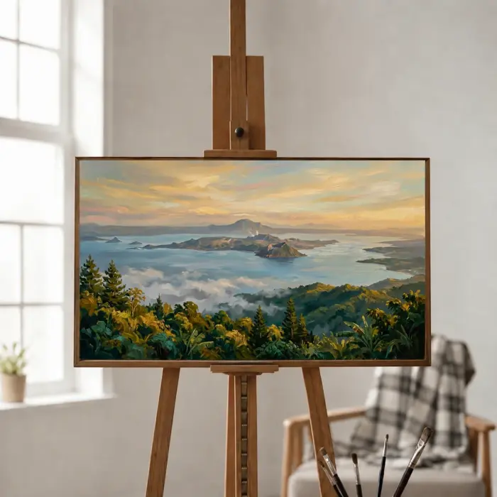 タガイタイ・リッジから見たタール火山の油絵が壁に掛かっている様子