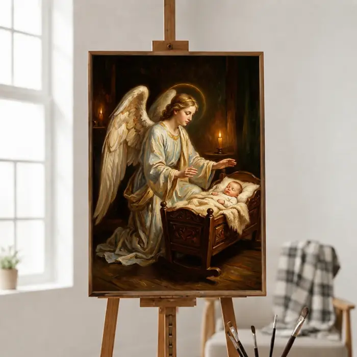 守護天使が眠る幼子を見守る絵画を壁に飾った額装