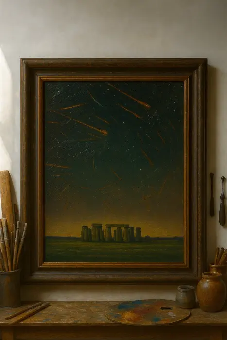 流星群の下の夜のストーンヘンジを描いた額装された油絵が壁に掛かっている