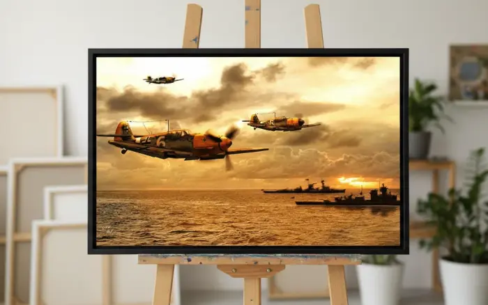 Картина маслом в раме с истребителями BF109 над Северной Африкой, выставленная на мольберте