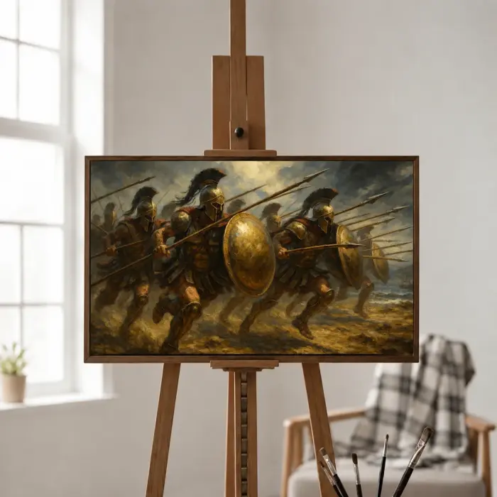 Framed painting of hoplites with locked shields hanging on a hallway wall