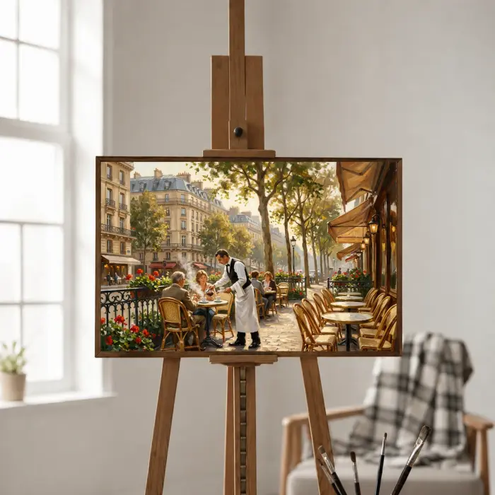 식당 벽에 걸린 파리 카페 테라스 그림 액자