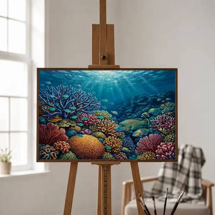 サンゴ礁を描いた額縁の絵画が、海をテーマにしたバスルームに掛かっている様子