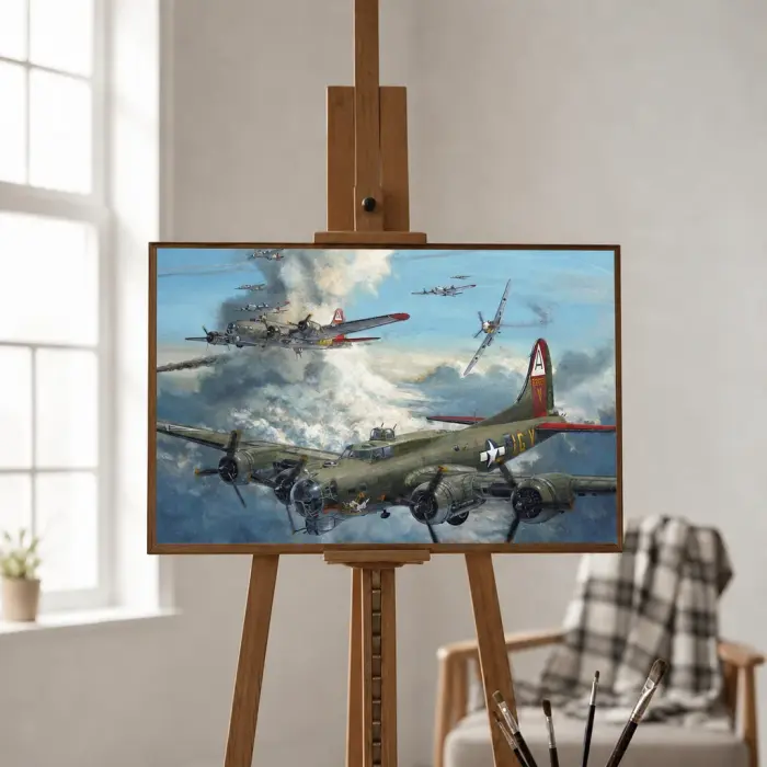 書斎に掛けられた、B-17フライングフォートレス爆撃機を描いた額装絵画