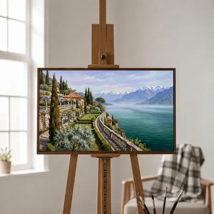 거실 벽에 걸린 코모 호수 테라스 정원 그림 액자
