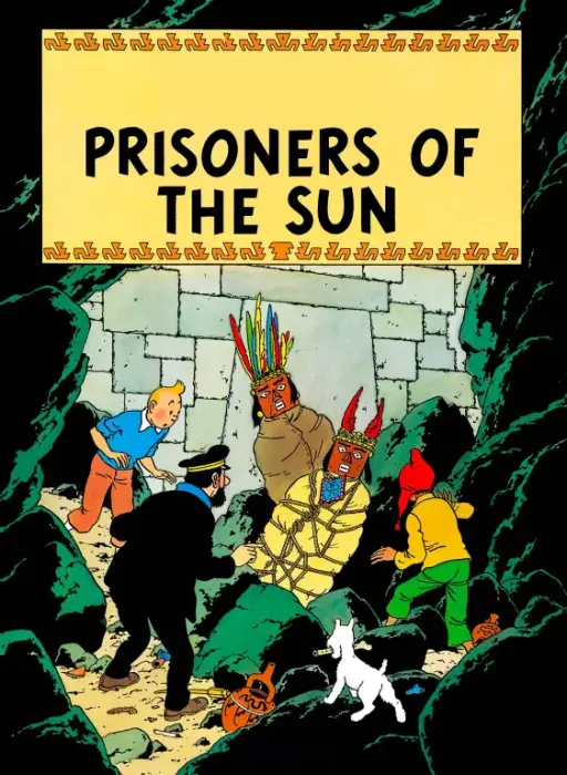 Fan art of Tintin Prisoners of the Sun: Tintin, Snowy and Captain Haddock before two bound figures in feathered headdresses
