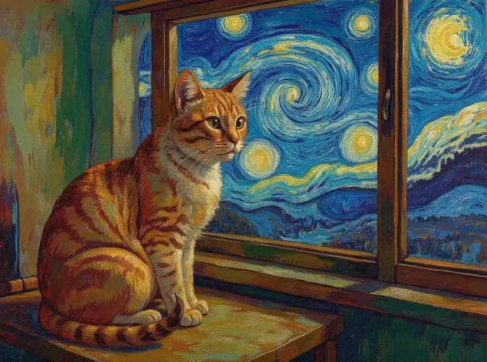 バーミラ猫がゴッホの夜空を見つめている