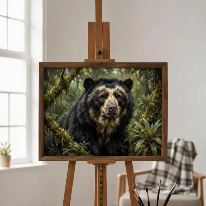 ソファの上に掛けられた、メガネグマを描いた額装絵画