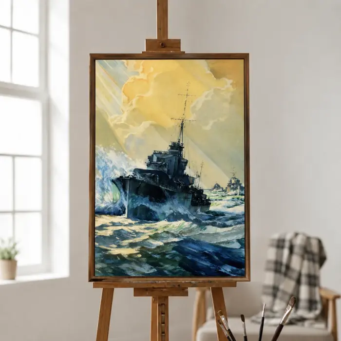 Обрамленная картина с изображением эсминцев Королевского флота Второй мировой в море, висящая в офисе