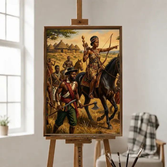 Картина королевы Нзинги, ведущей воинов, в раме, висящая на стене