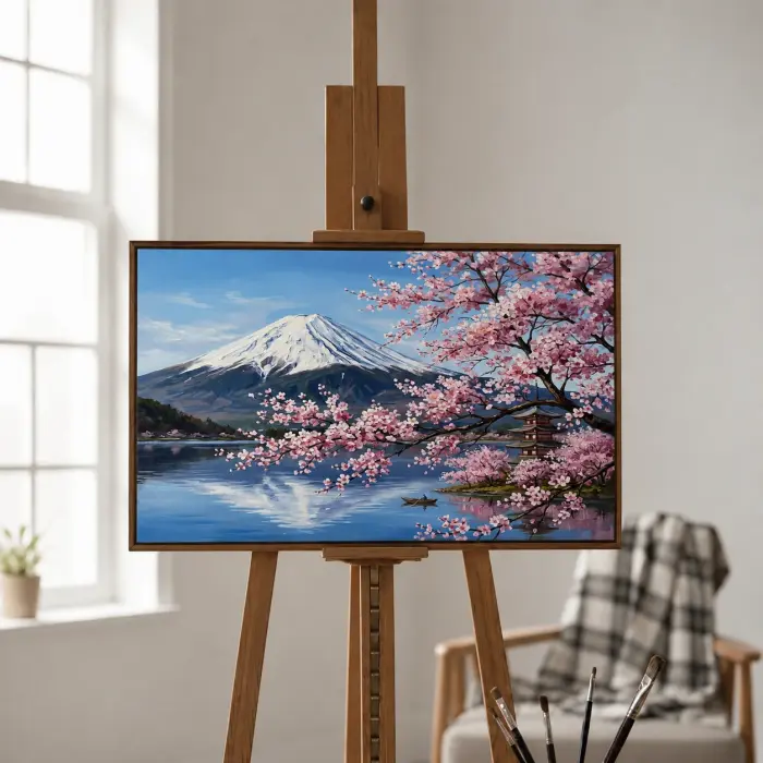 寝室のベッドの上に掛けられた富士山と桜の絵