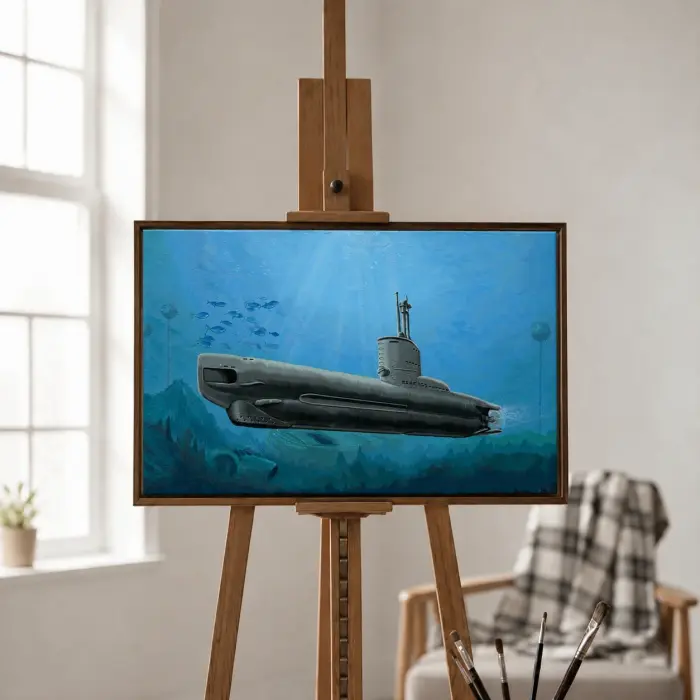 Картина маслом с подводной лодкой в рамке висит в домашнем кабинете