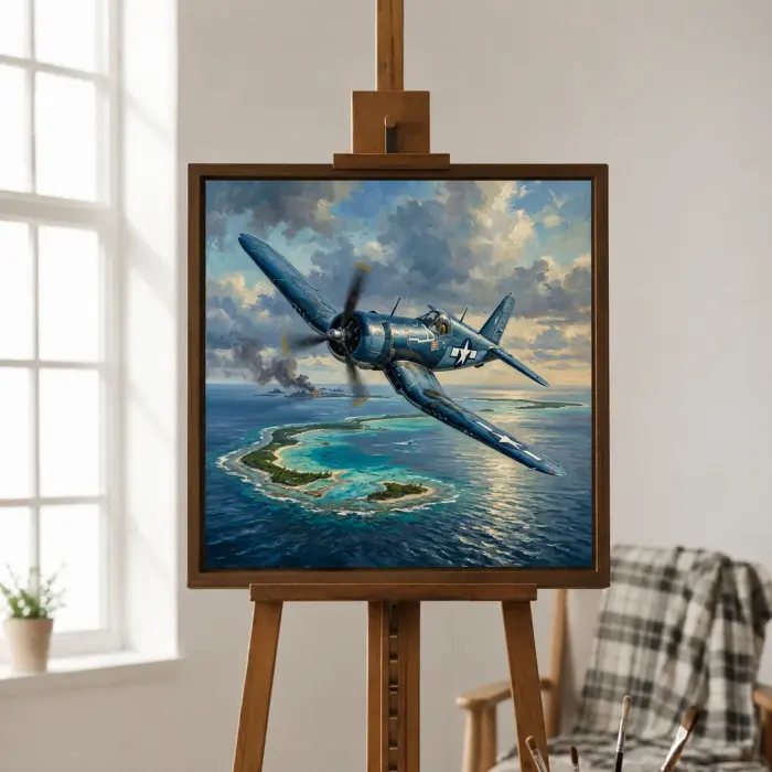 Обрамленная картина с изображением истребителя F4U «Корсар» висит на стене.