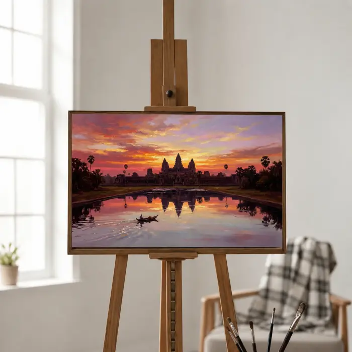 日の出のアンコールワットを描いた額装された油絵が壁に掛かっている