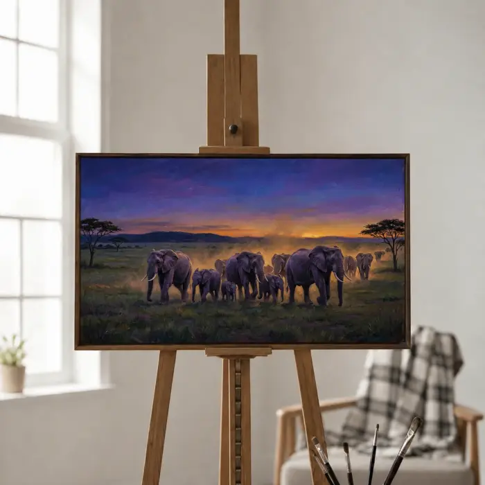 リビングルームに飾られた、夕暮れのアフリカゾウの群れを描いた額装された油絵