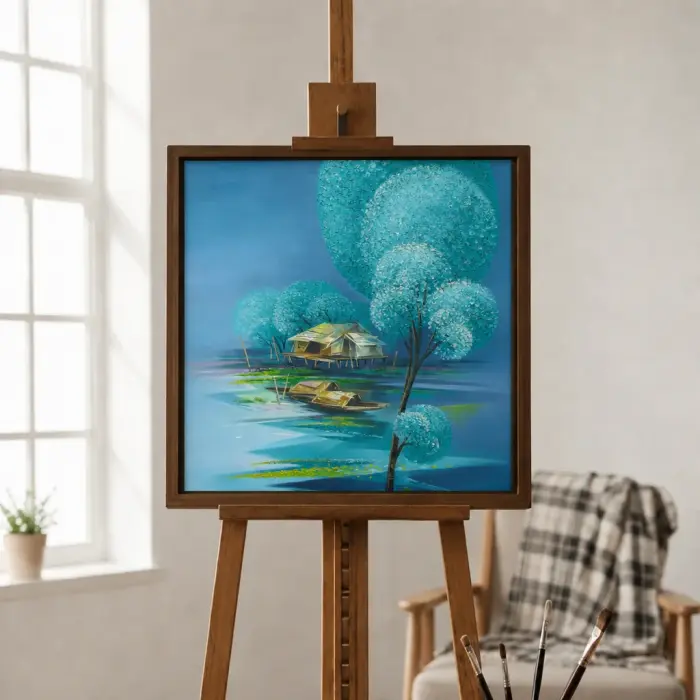 침대 위에 걸린 청록색 수상 가옥 풍경 액자 그림