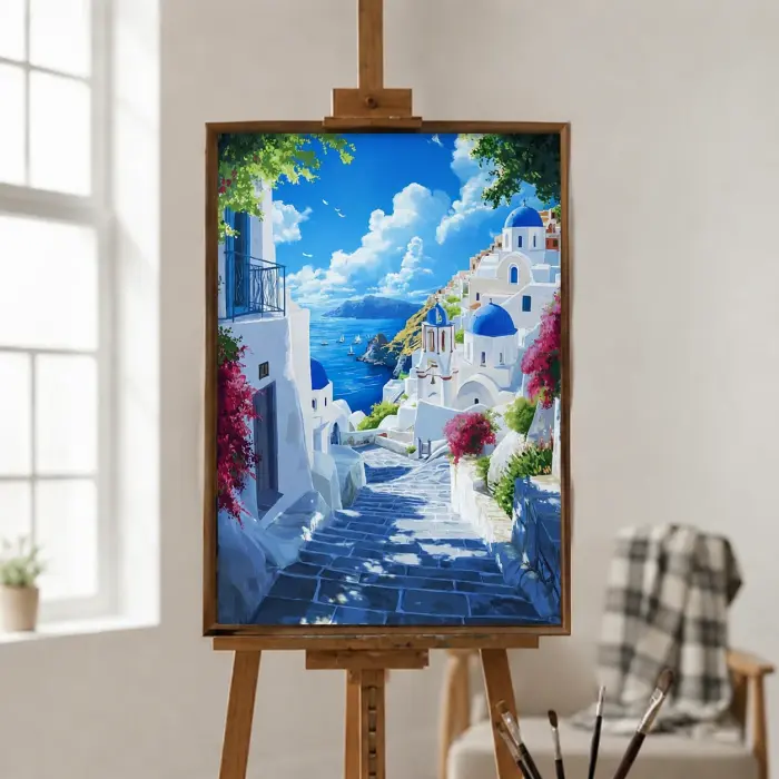 ブーゲンビリアの咲くサントリーニ島の階段を描いた額装された油絵が壁に掛かっている