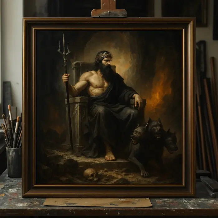 ケルベロスとともに玉座に座すハーデスを描いた額装絵画が壁に飾られている