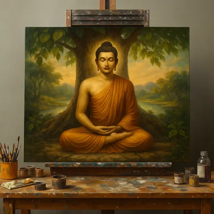 Kehystetty maalaus meditoivasta Buddhasta Bodhi-puun alla seinällä