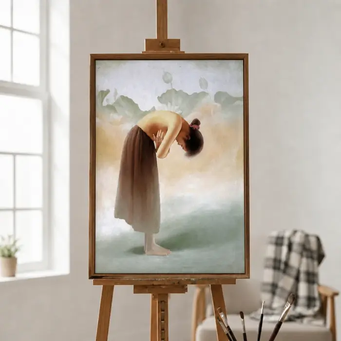 前かがみの女性像を描いた額装絵画がバスルームの壁に掛けられている様子