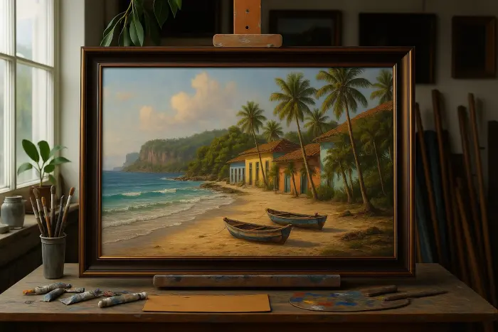 Framed painting of a Caribbean coconut coastline displayed on an artist's easel by a window
