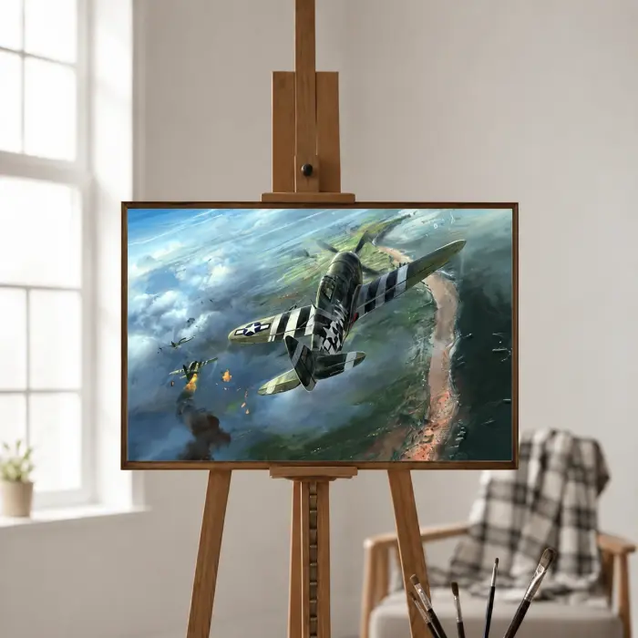 Обрамлённая картина маслом с истребителем P-47 «Тандерболт» на мольберте