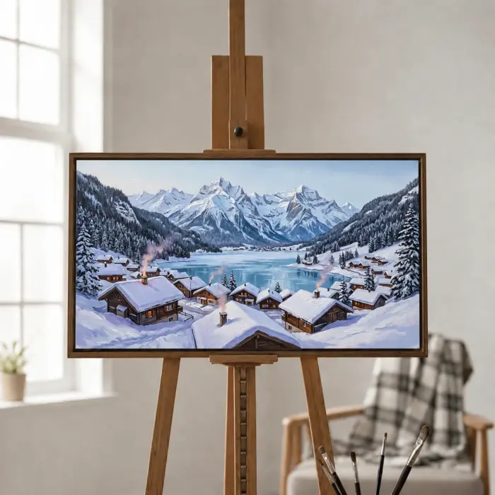 눈 덮인 스위스 알프스 마을 그림 액자가 벽난로 위에 걸려 있음