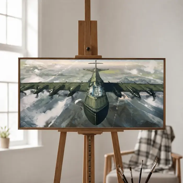 オフィスの壁に掛けられた、巨大な軍用機の額装絵画