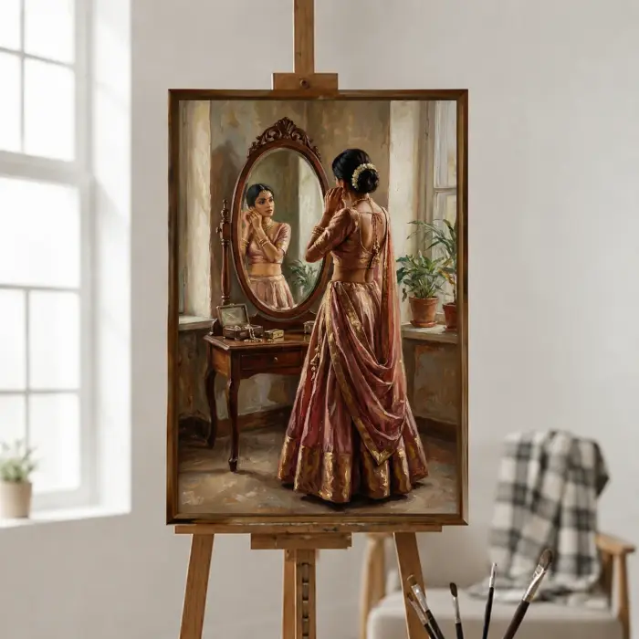 침실 벽에 걸린 거울을 든 여인의 액자 그림