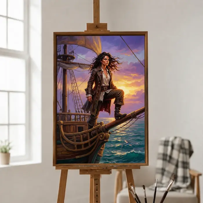船首に立つ海賊の女性の絵画がリビングルームの壁に掛かっている