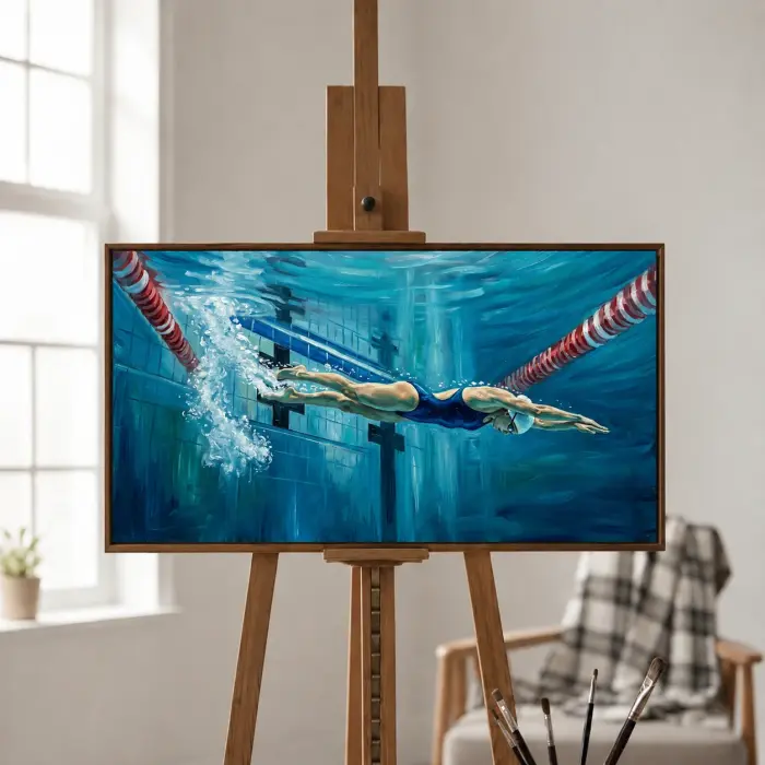 水中スイマーの絵がホームジムに飾られている