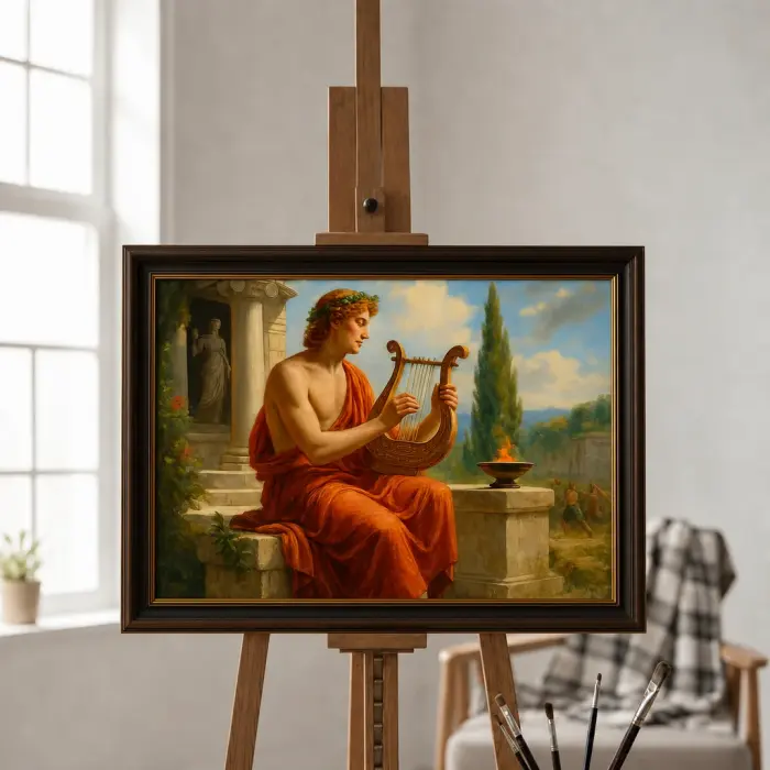 Framed painting of Apollo playing the lyre at a shrine, hanging in a living room